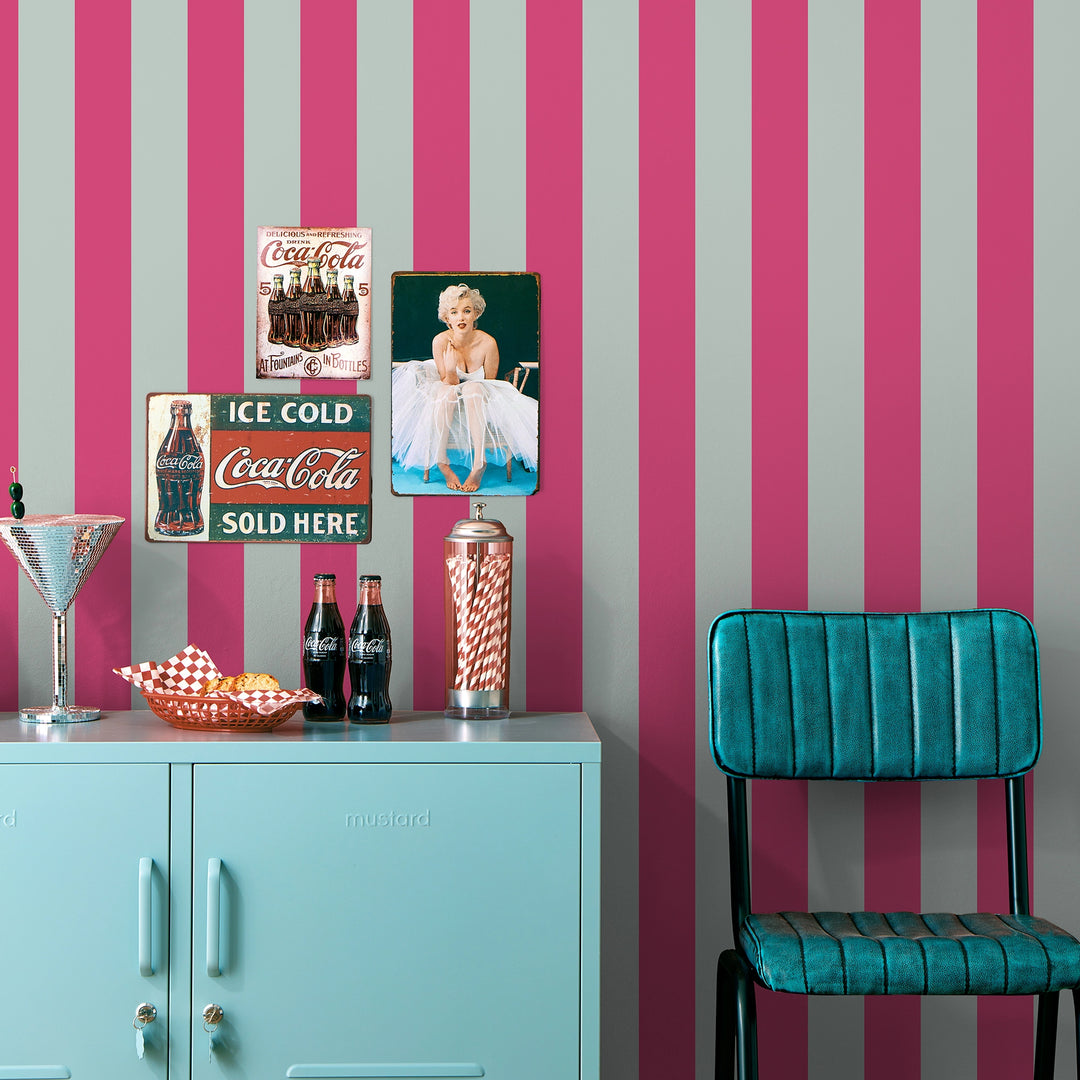 Signature Stripe Wallpaper in Elderflower Green and I'm Blushing Pink