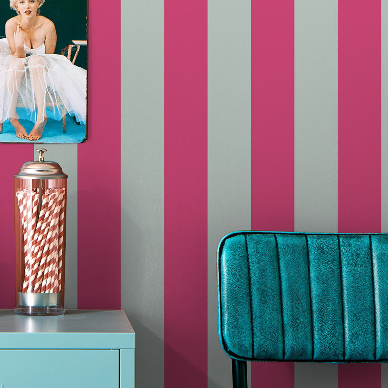 Signature Stripe Wallpaper in Elderflower Green and I'm Blushing Pink