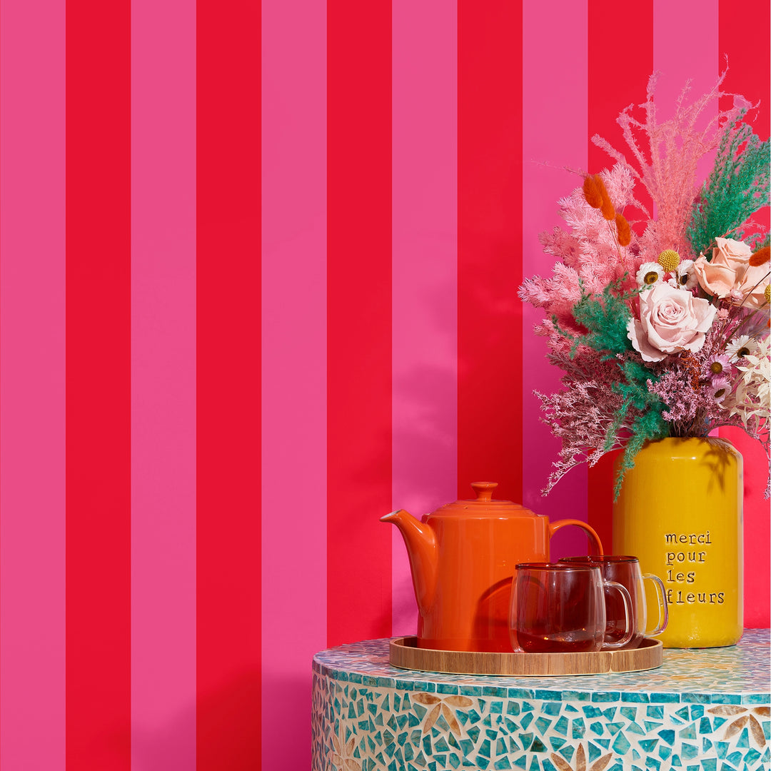 Signature Stripe Wallpaper in I'm Blushing Pink and Poison Apple Red