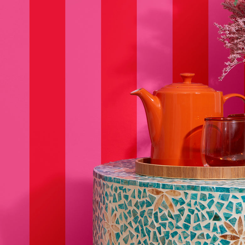 Signature Stripe Wallpaper in I'm Blushing Pink and Poison Apple Red