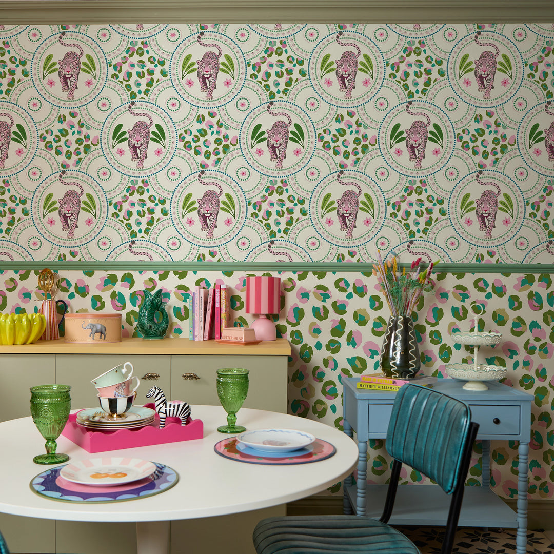 Silent Hunter Wallpaper in Greens and Pink on Light Cream