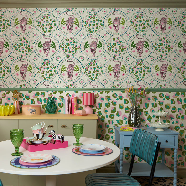 Silent Hunter Wallpaper in Greens and Pink on Light Cream