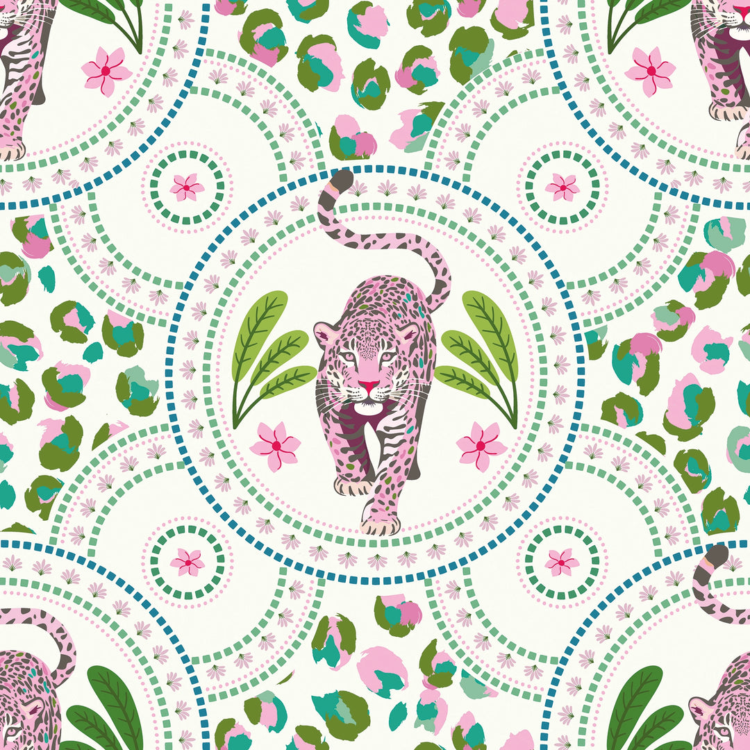 Silent Hunter Wallpaper in Greens and Pink on Light Cream