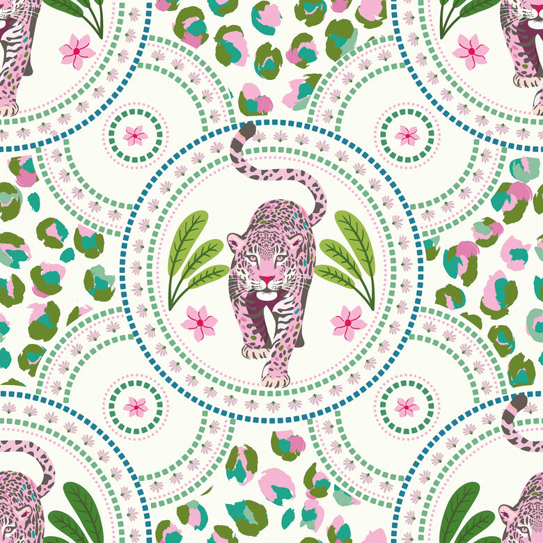 Silent Hunter Wallpaper in Greens and Pink on Light Cream
