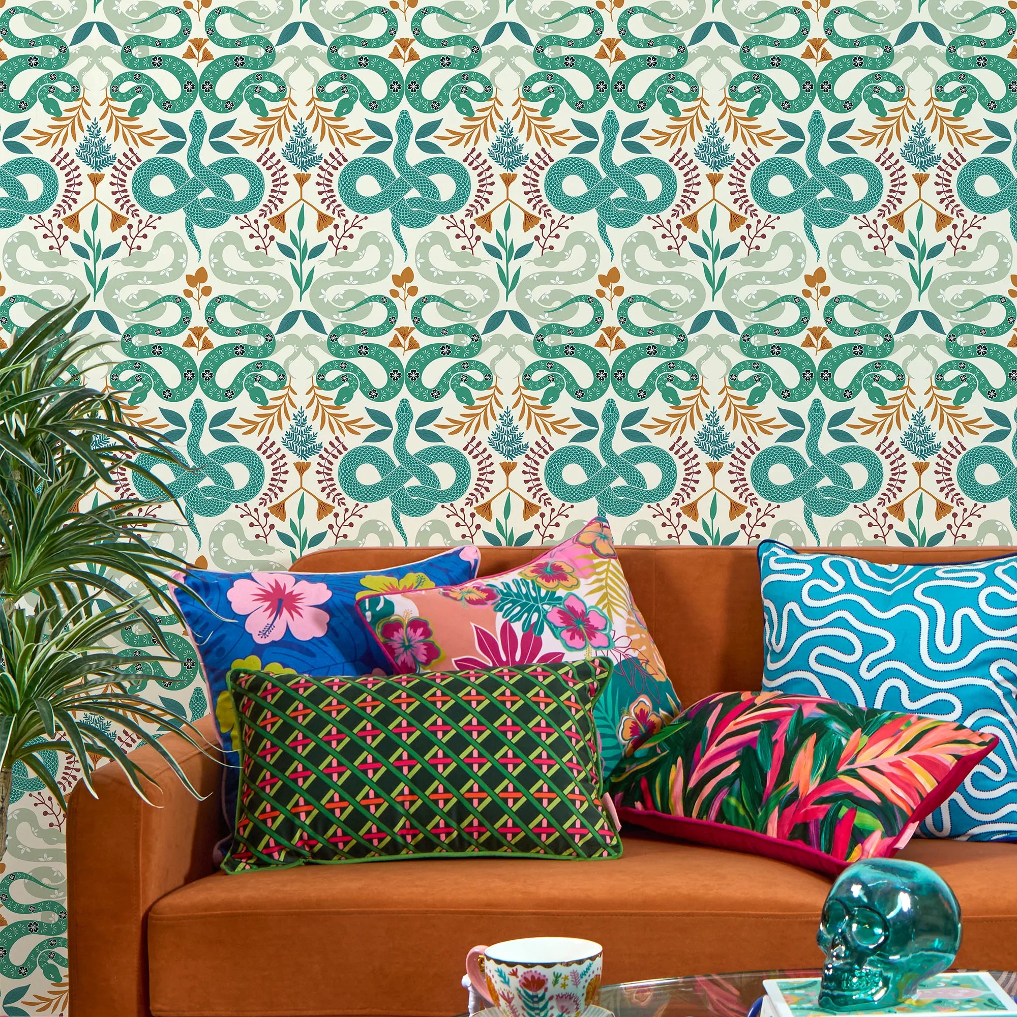 Slithering Snake Wallpaper in Greens and Orange on Vintage Cream