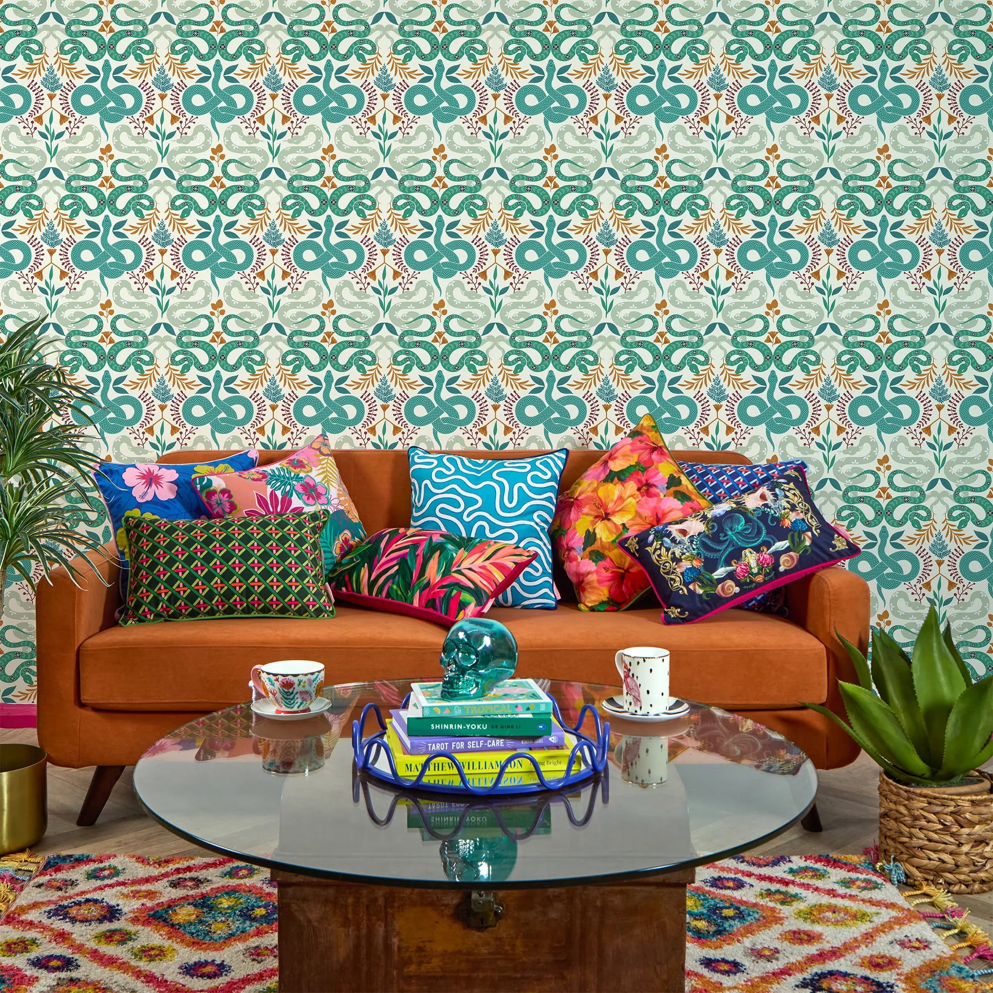 Slithering Snake Wallpaper in Greens and Orange on Vintage Cream