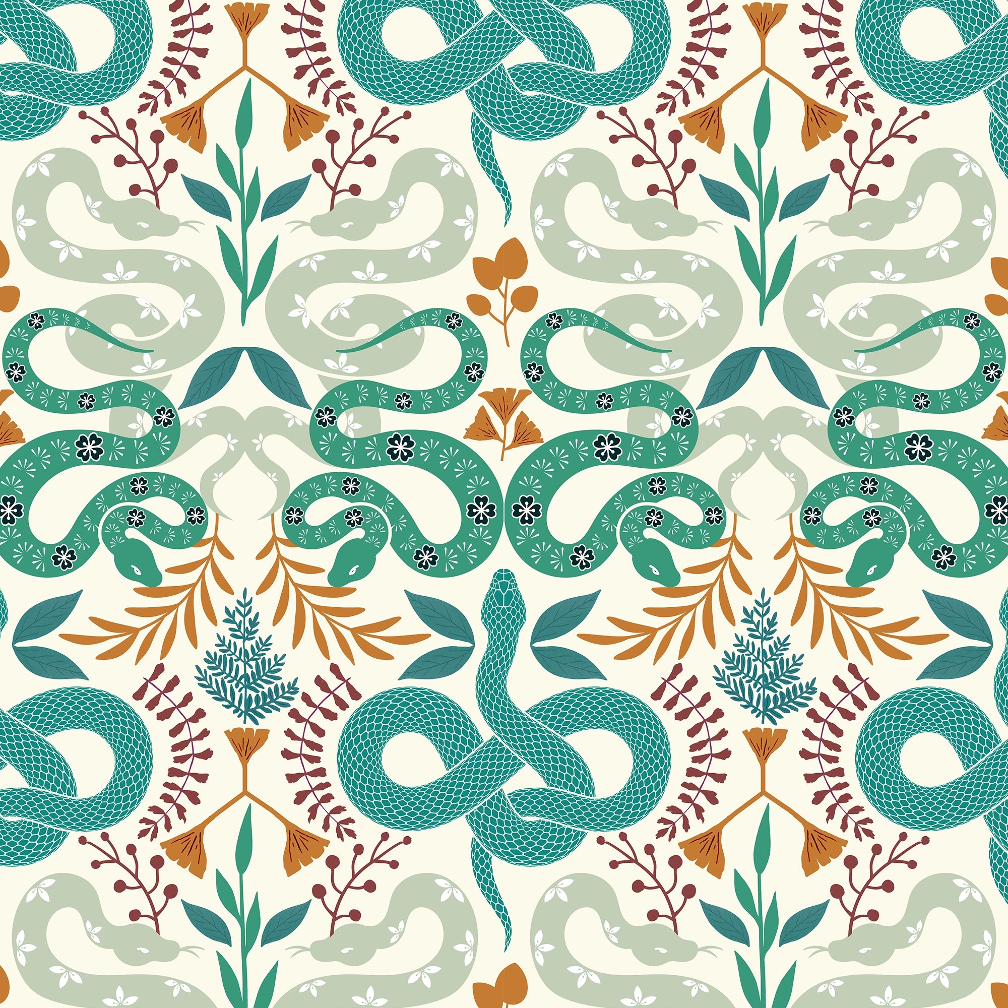 Slithering Snake Wallpaper in Greens and Orange on Vintage Cream