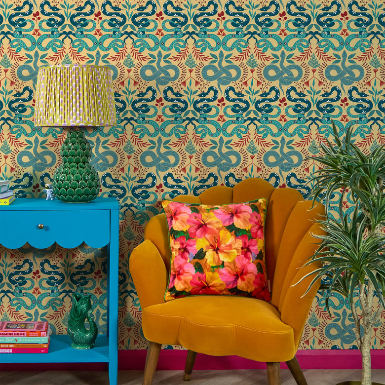 Slithering Snake Wallpaper in Greens and Russet Red on Light Tumeric