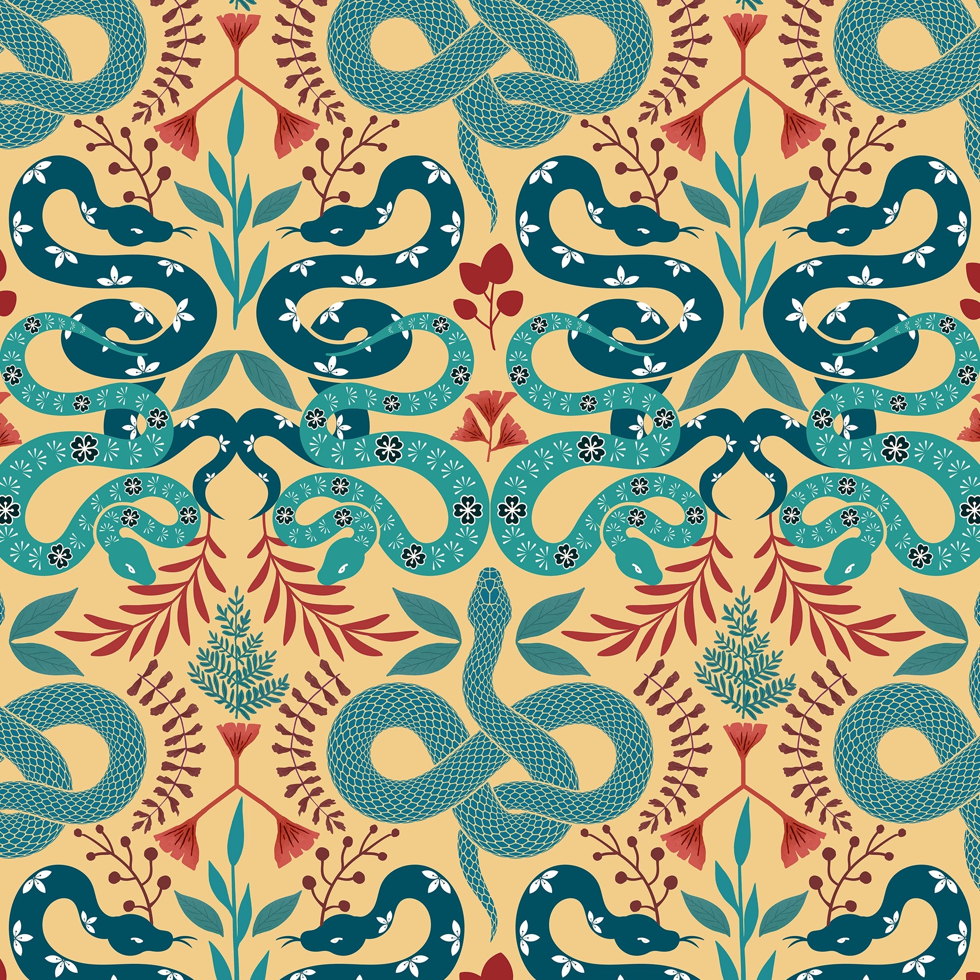 Slithering Snake Wallpaper in Greens and Russet Red on Light Tumeric