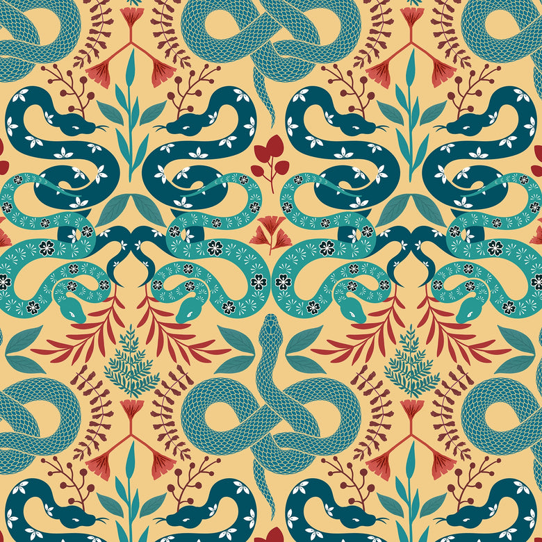 Slithering Snake Wallpaper in Greens and Russet Red on Light Tumeric