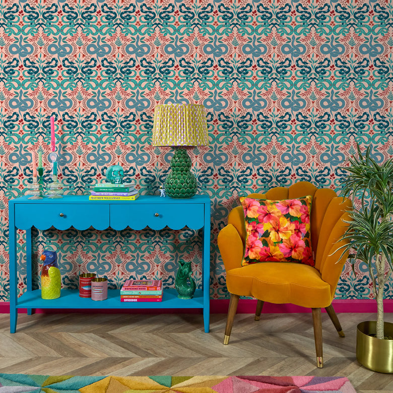 Slithering Snake Wallpaper in Greens and Russet Red on Sweet Pink