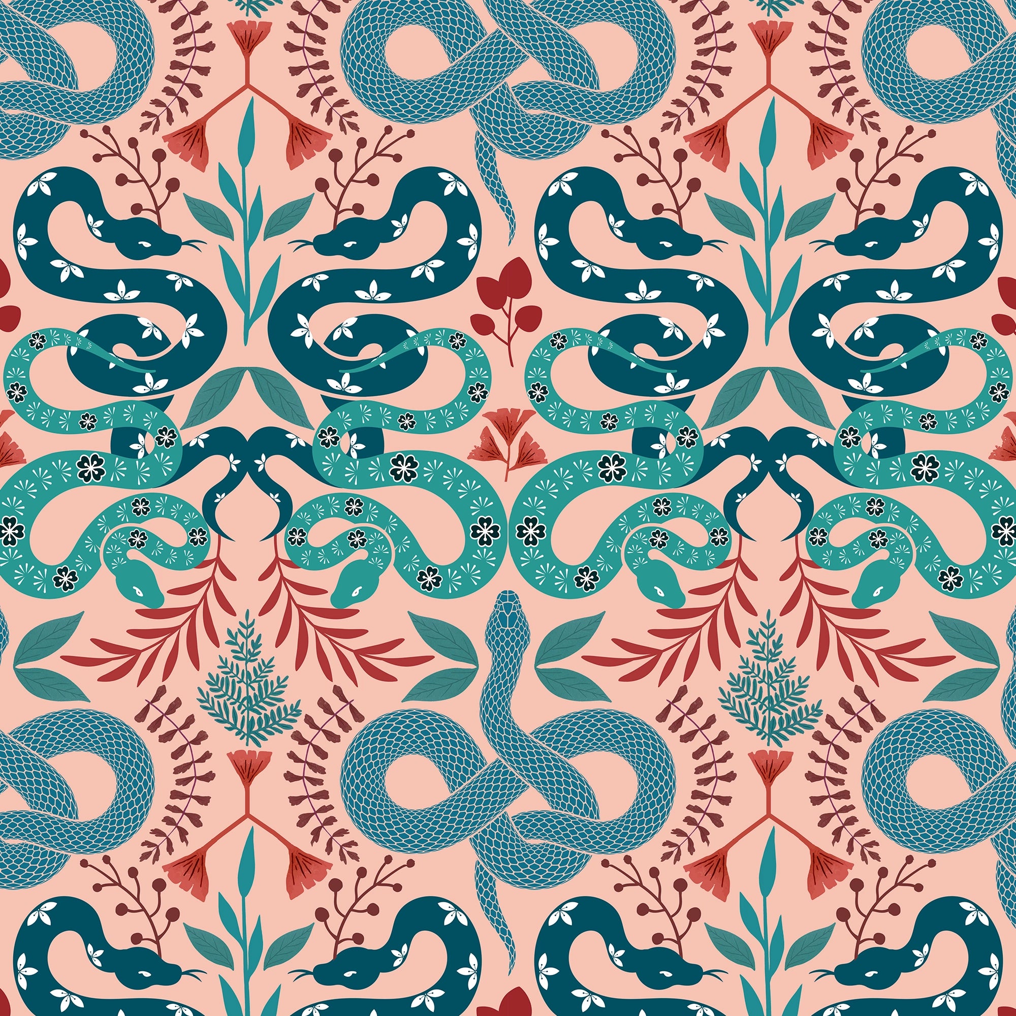 Slithering Snake Wallpaper in Greens and Russet Red on Sweet Pink