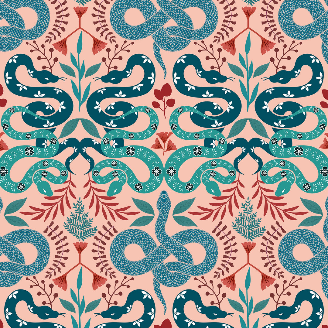 Slithering Snake Wallpaper in Greens and Russet Red on Sweet Pink