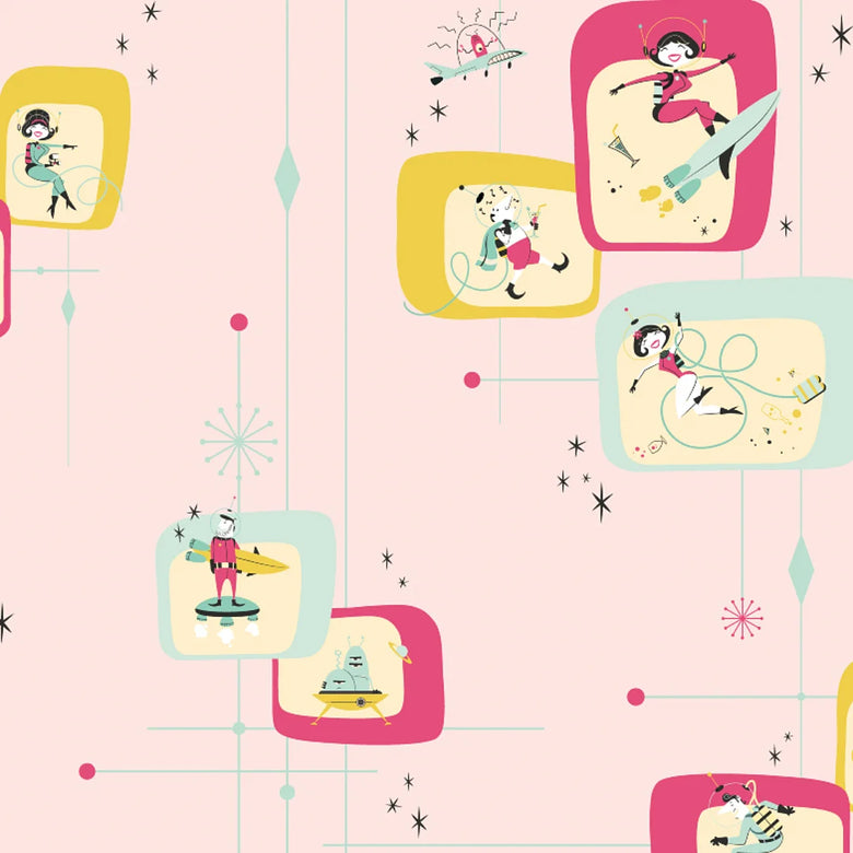 Space Race Wallpaper in Electric Brights on Candy Floss