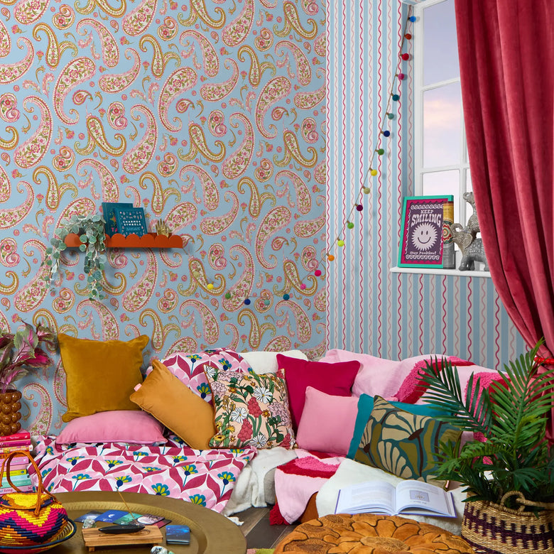 Straight and Wiggle Wallpaper in Sky Blue and Hot Pink