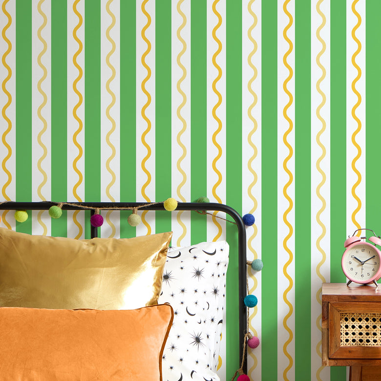 Straight and Wiggle Wallpaper in Apple Green and Seville Orange