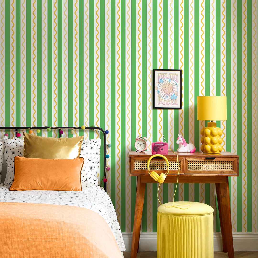 Straight and Wiggle Wallpaper in Apple Green and Seville Orange