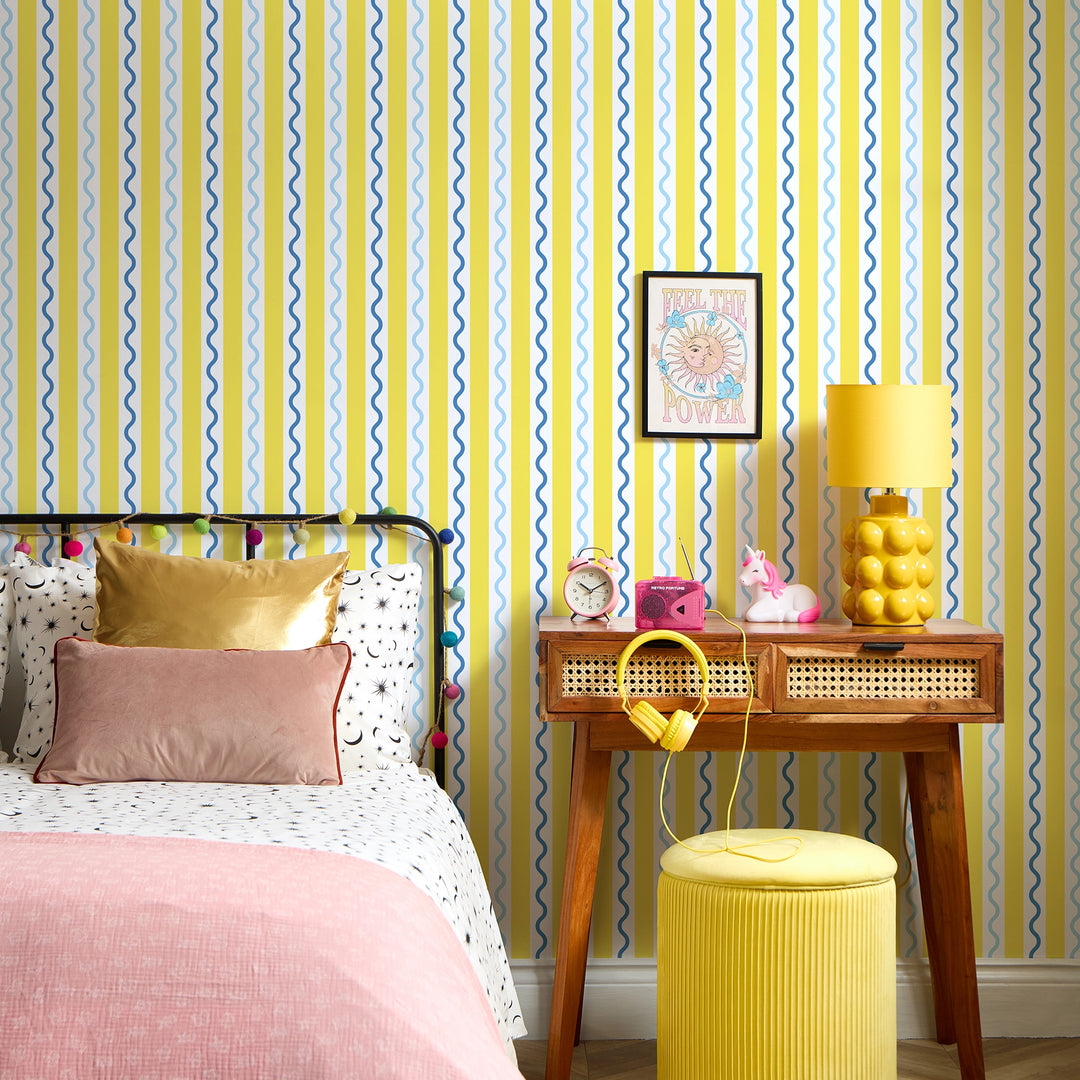 Straight and Wiggle Wallpaper in Lemon and Blueberry