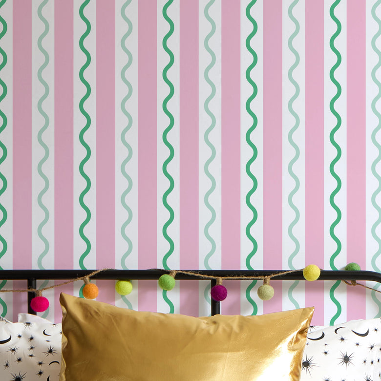 Straight and Wiggle Wallpaper in Strawberry and Mint