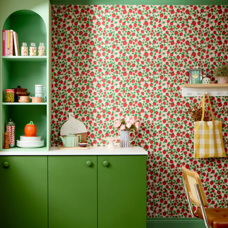 Strawberry Fields Forever Wallpaper in Peach, Strawberry Red and Field Green