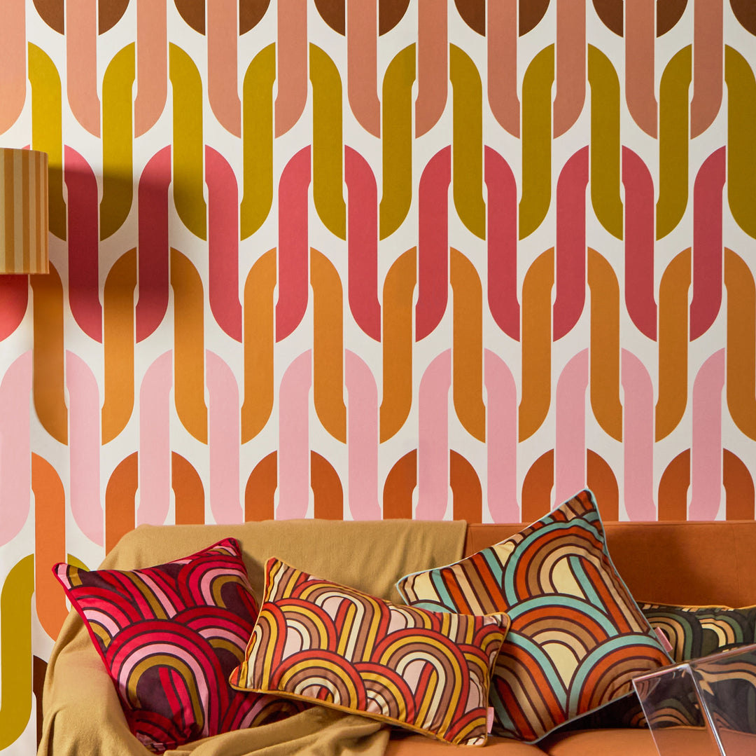 Stuck in a Loop Wallpaper in Pinks, Browns and Avocado