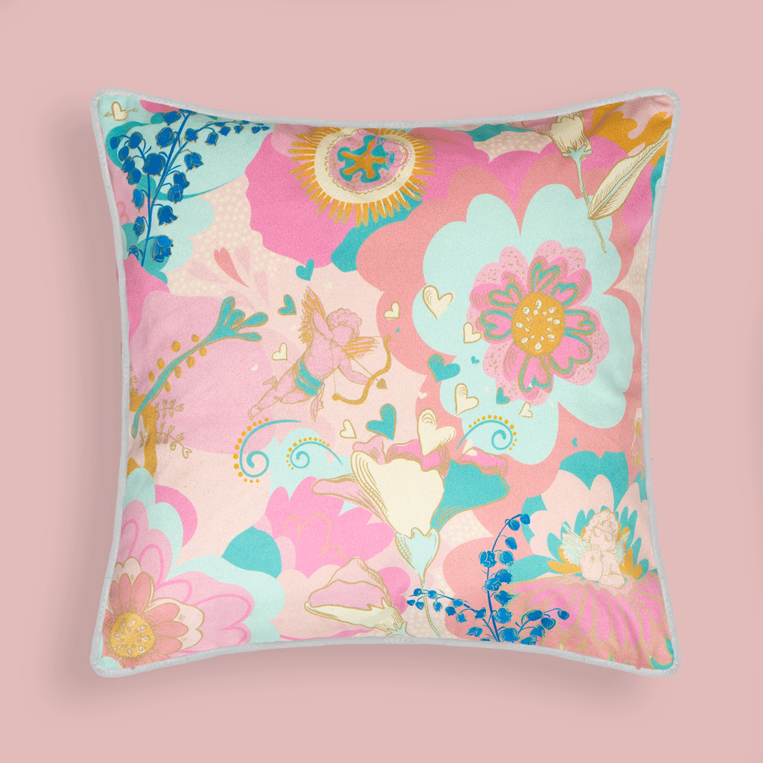 Stupid Cupid Cushion in Mint Green, Carnation Pinks and Apricot