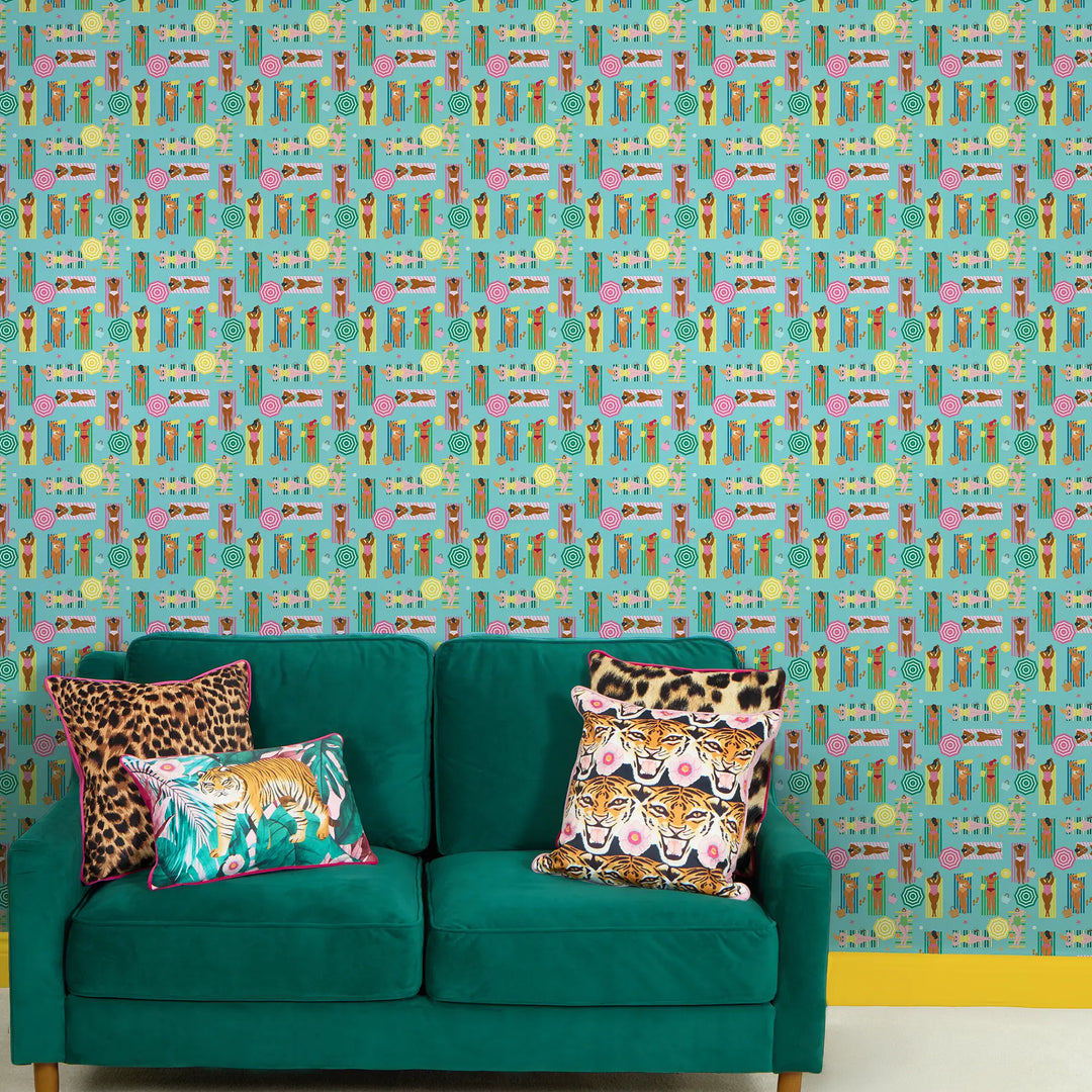 Sunbathing Bliss Wallpaper in Brights on Blue