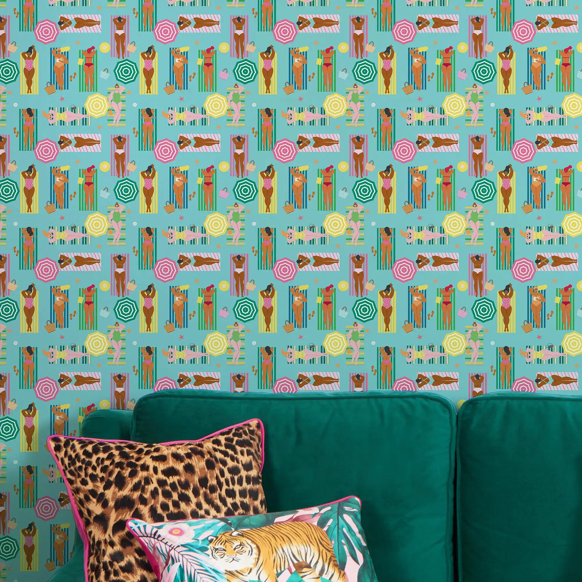 Sunbathing Bliss Wallpaper in Brights on Blue