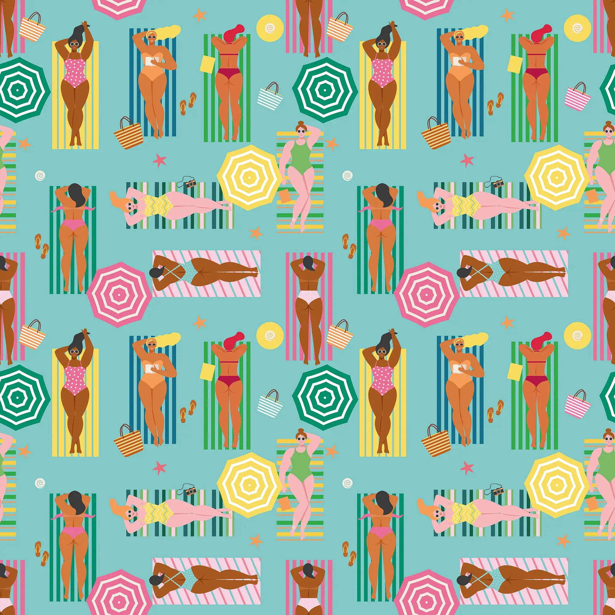 Sunbathing Bliss Wallpaper in Brights on Blue