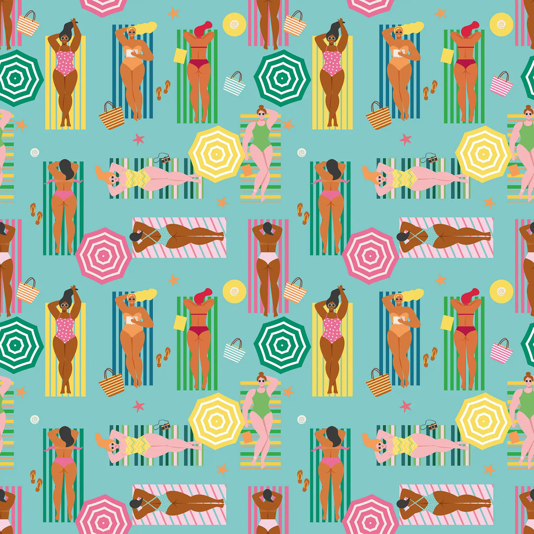 Sunbathing Bliss Wallpaper in Brights on Blue