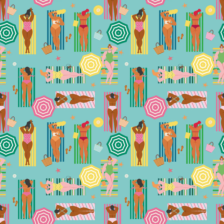 Sunbathing Bliss Wallpaper in Brights on Blue