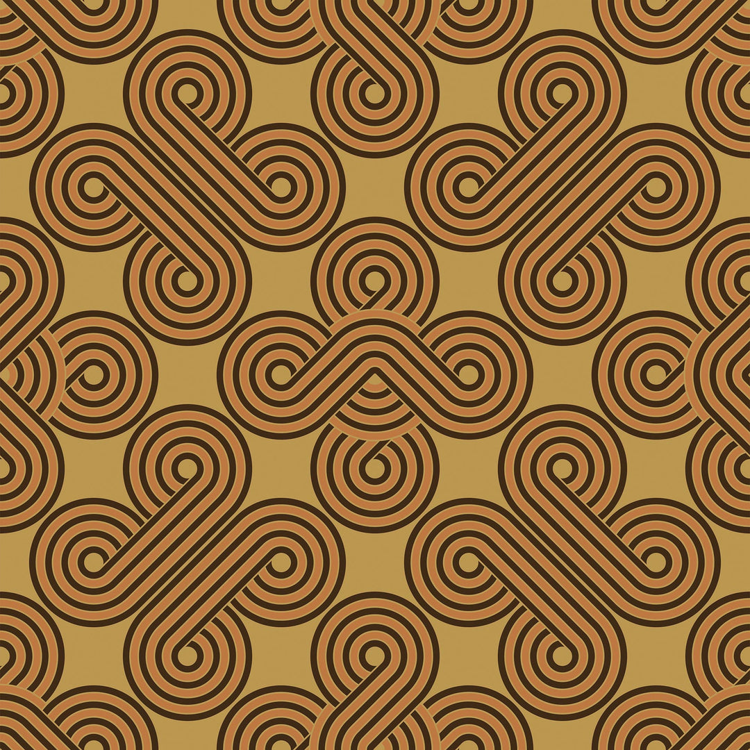 Thumbnail of 70s geometric wallpaper in earthy orange, chocolate and harvest gold colourway 