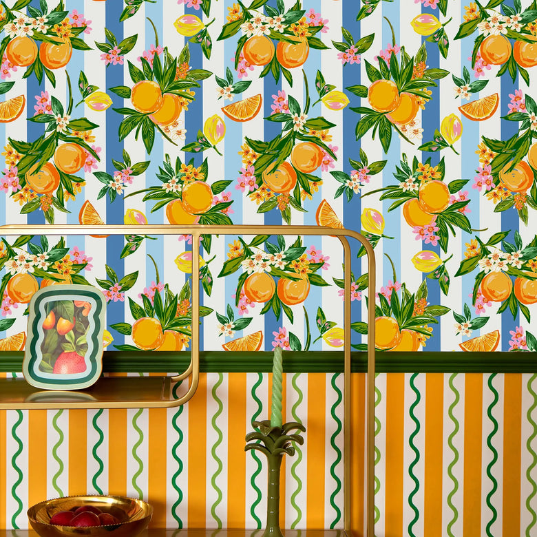 The Bells of St Clements Stripe Wallpaper in Blue Stripes on White