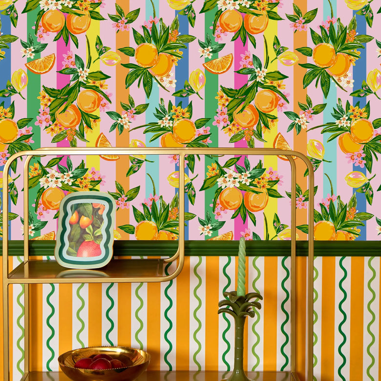 The Bells of St Clements Stripe Wallpaper in Rainbow Stripes on Candy Pink