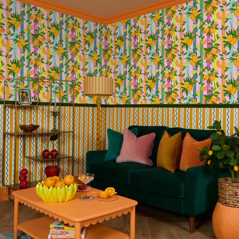 The Bells of St Clements Stripe Wallpaper in Rainbow Stripes on Candy Pink