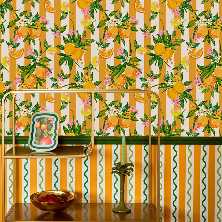 The Bells of St Clements Stripe Wallpaper in Seville Orange Stripe on Melba Cream