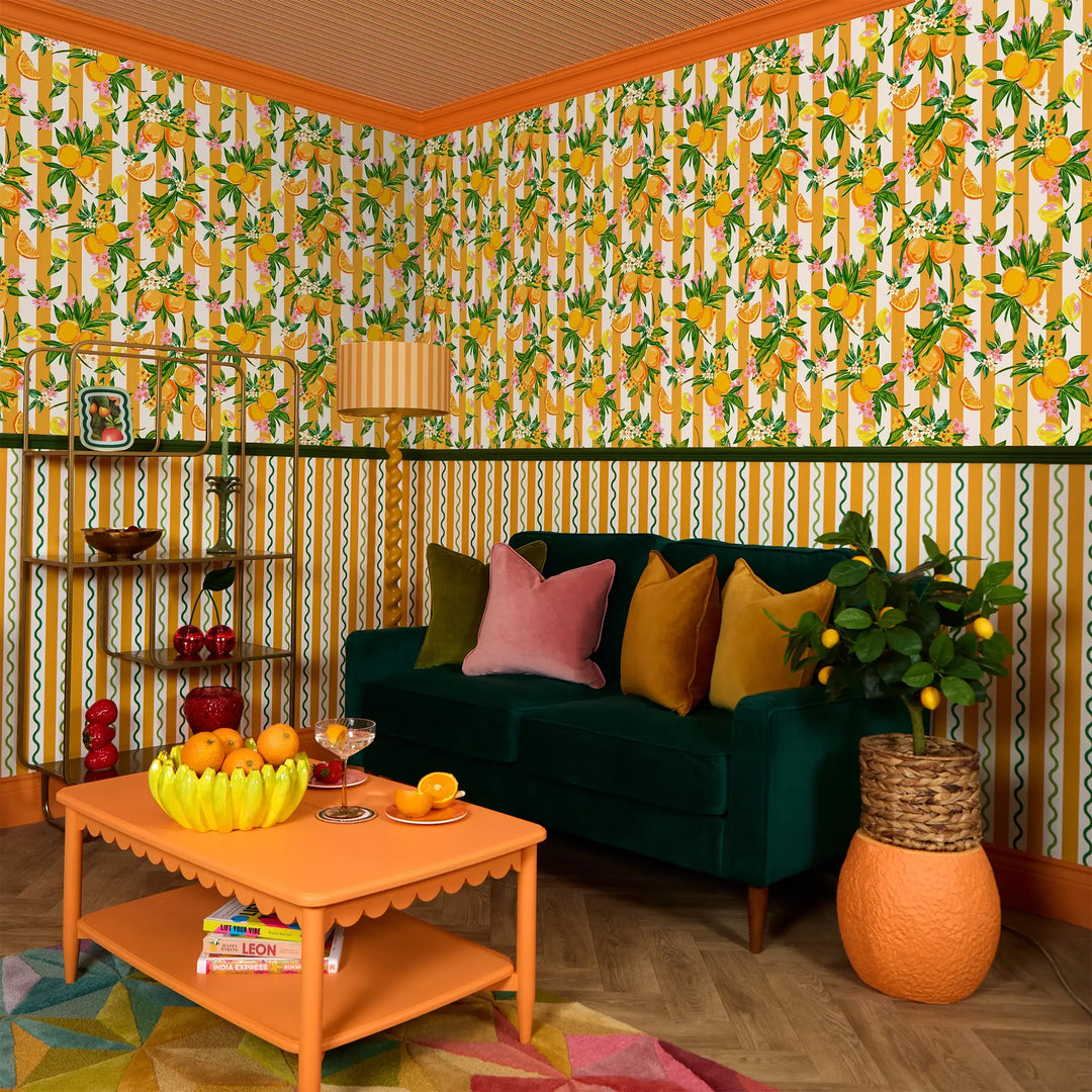 The Bells of St Clements Stripe Wallpaper in Seville Orange Stripe on Melba Cream