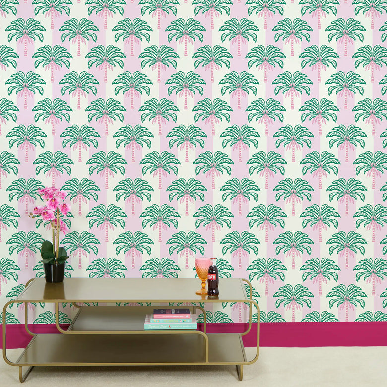 The Palms and Stripes Wallpaper in Candy Pink and Cream