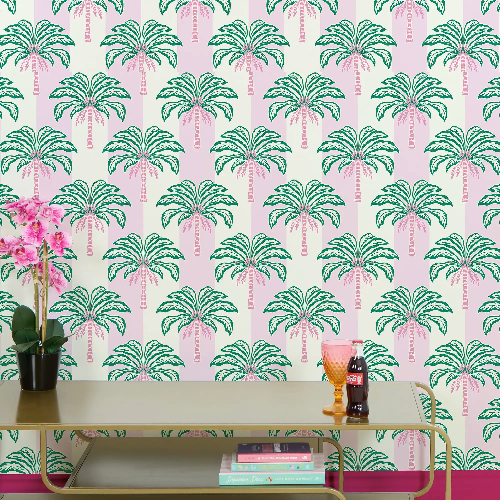 The Palms and Stripes Wallpaper in Candy Pink and Cream