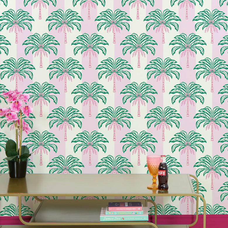 The Palms and Stripes Wallpaper in Candy Pink and Cream
