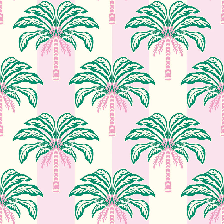 The Palms and Stripes Wallpaper in Candy Pink and Cream