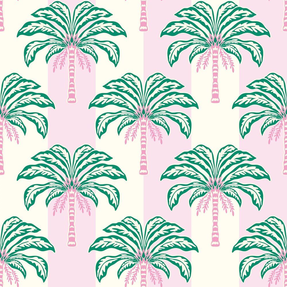 pink and green palm plant The Palms and Stripes Wallpaper in Candy Pink and Cream – Lust Home