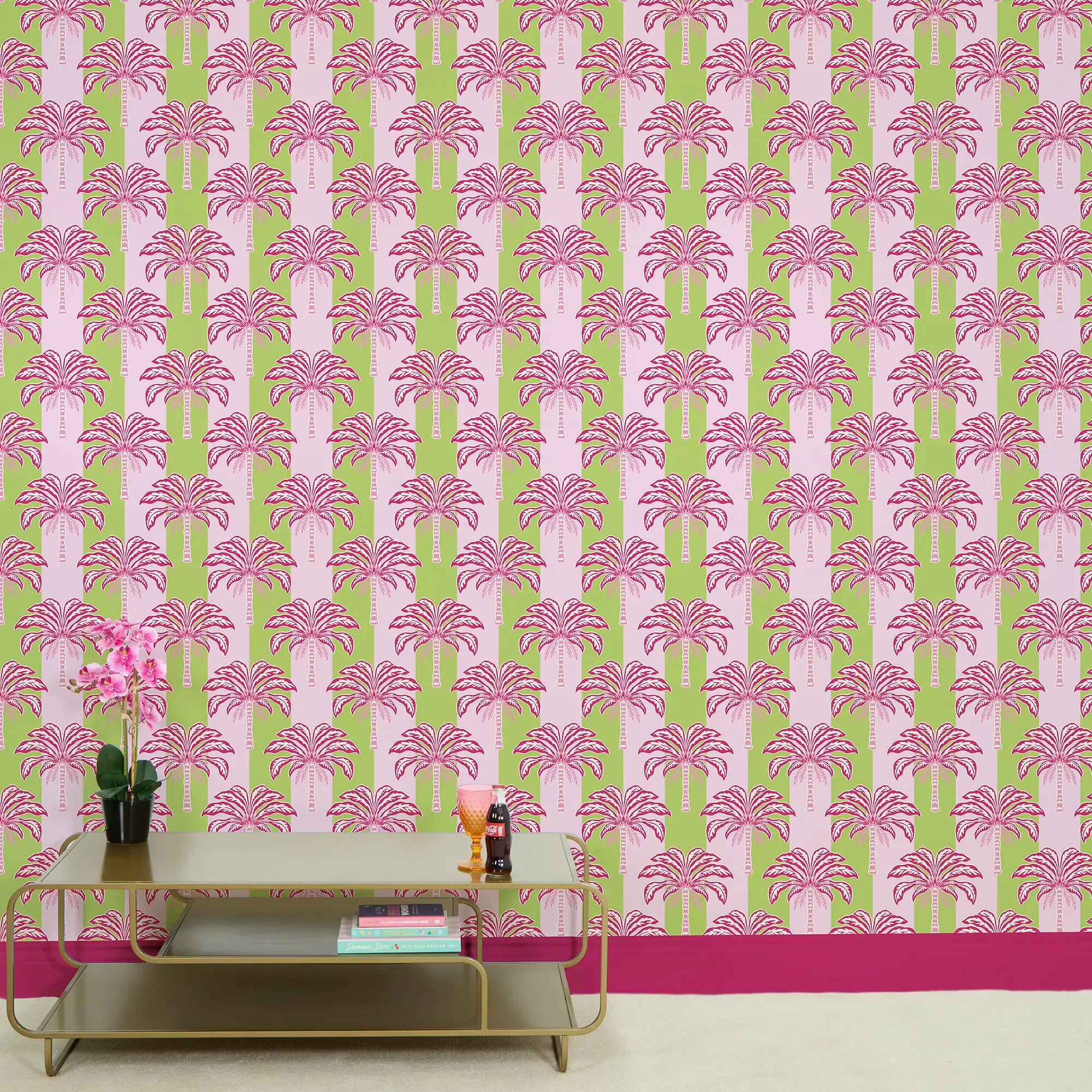 The Palms and Stripes Wallpaper in Pink and Lime