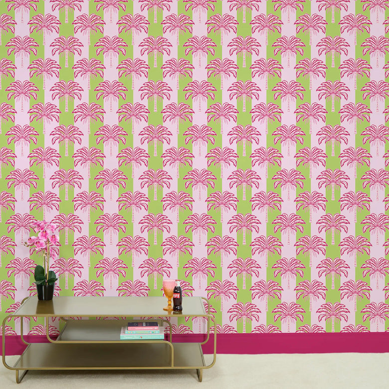 The Palms and Stripes Wallpaper in Pink and Lime