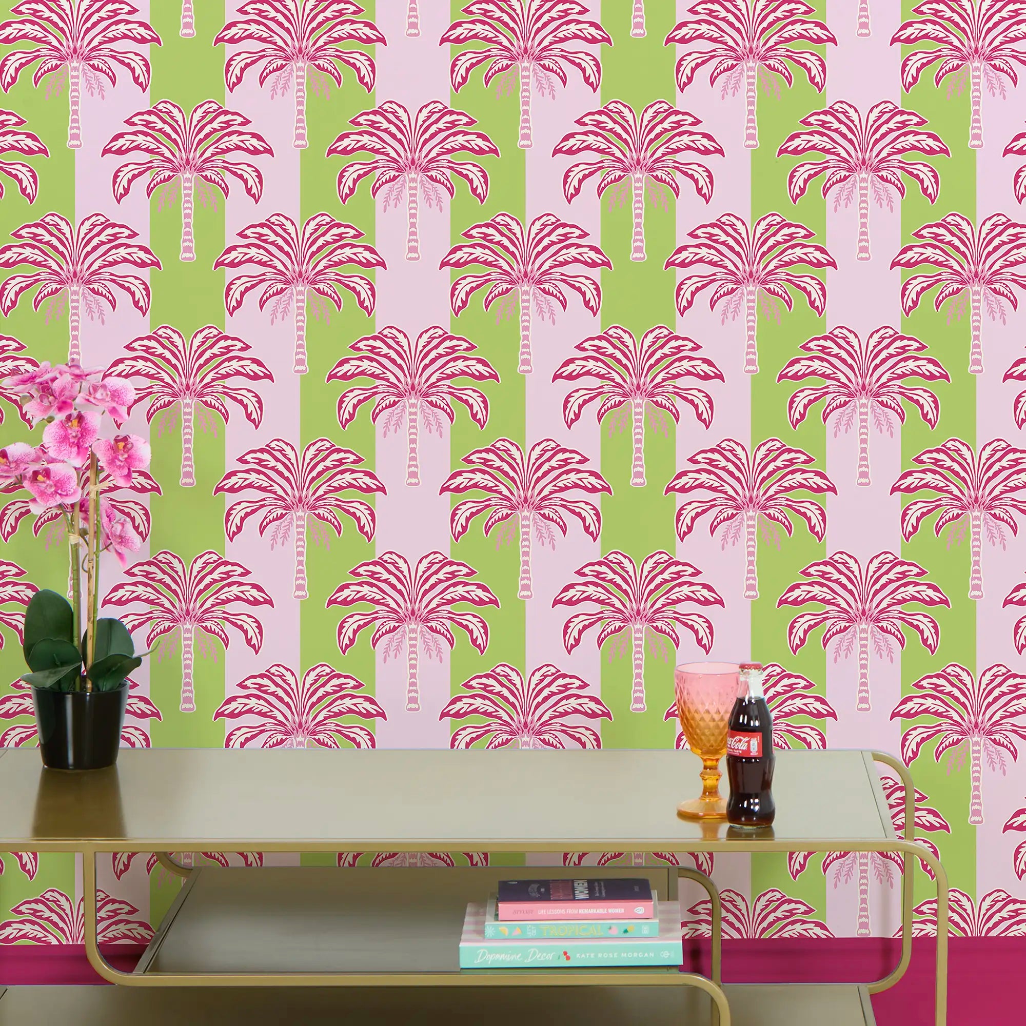 The Palms and Stripes Wallpaper in Pink and Lime