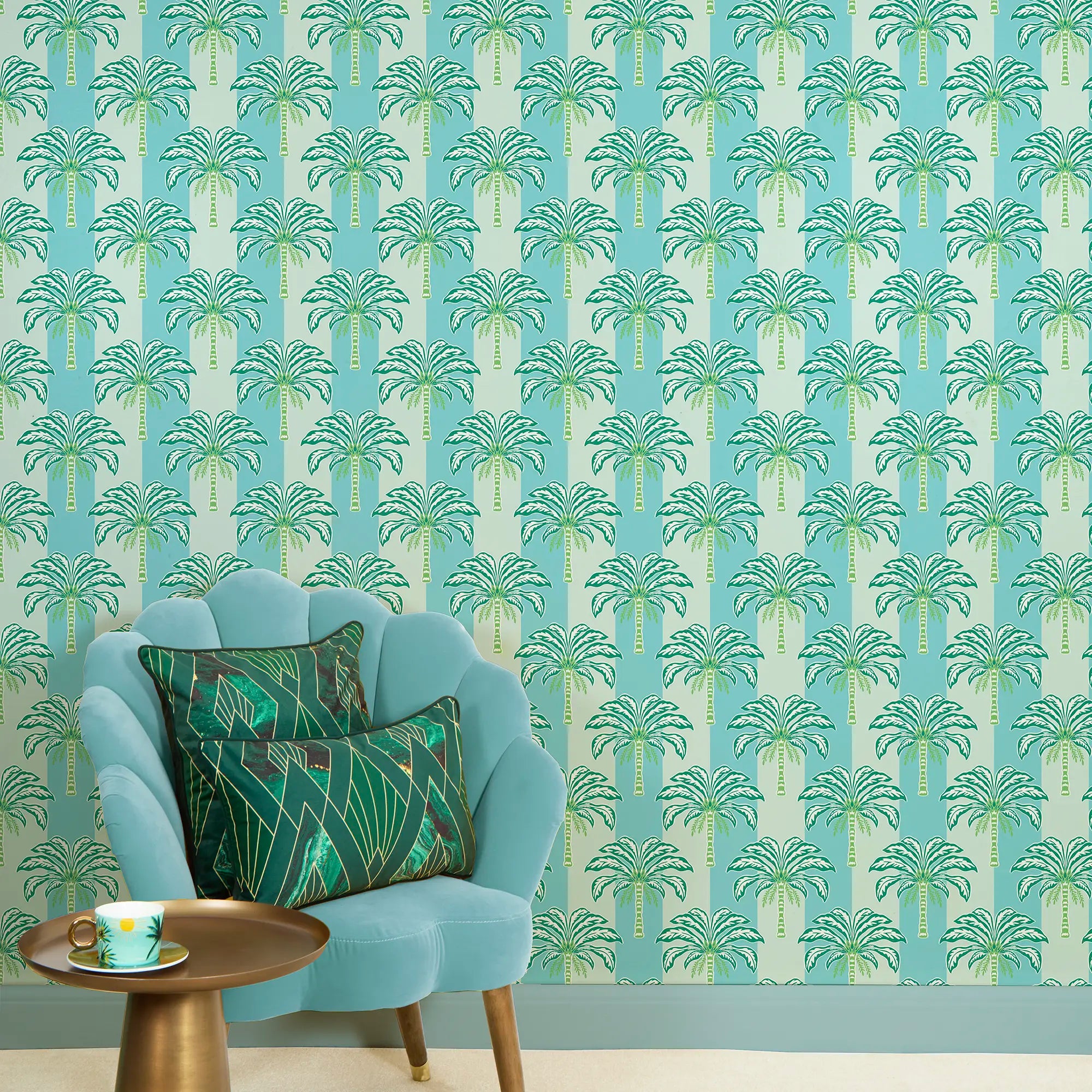 The Palms and Stripes Wallpaper in Turquoise and Green