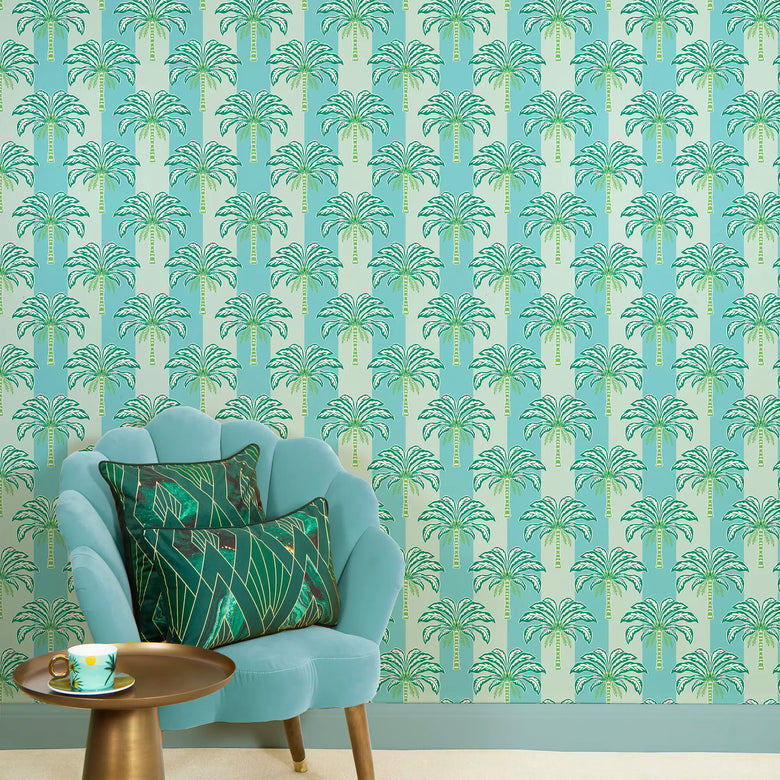 The Palms and Stripes Wallpaper in Turquoise and Green
