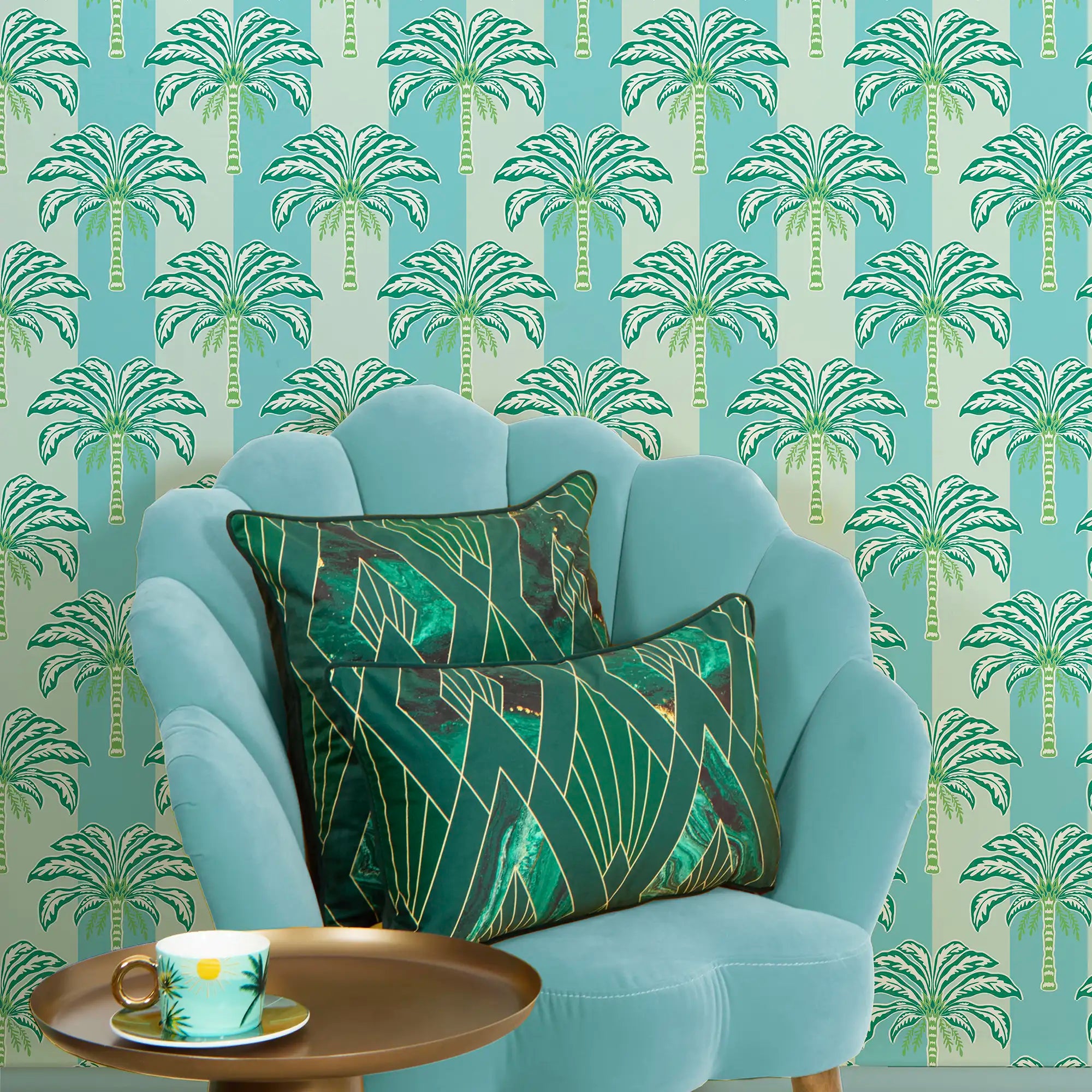 The Palms and Stripes Wallpaper in Turquoise and Green