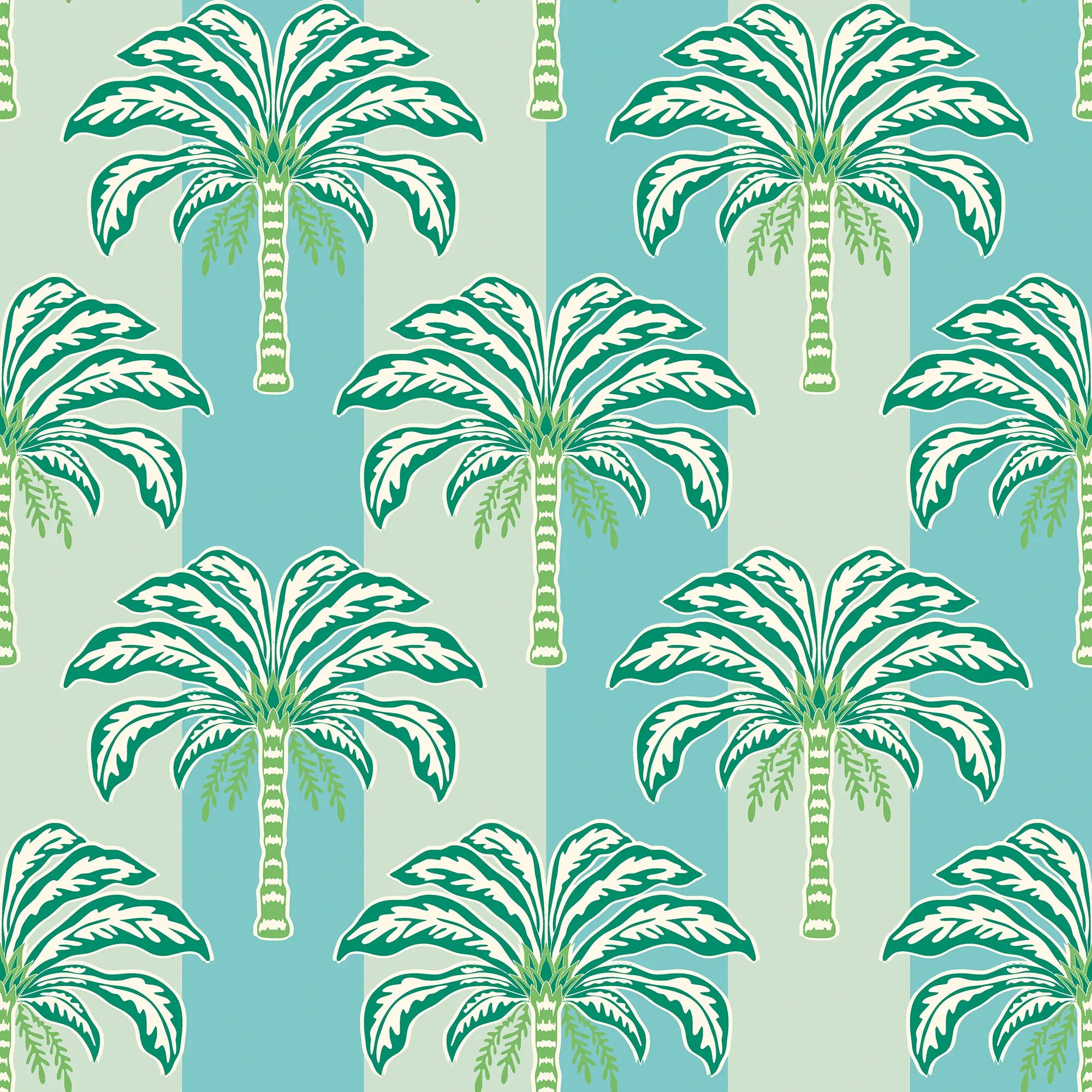 The Palms and Stripes Wallpaper in Turquoise and Green