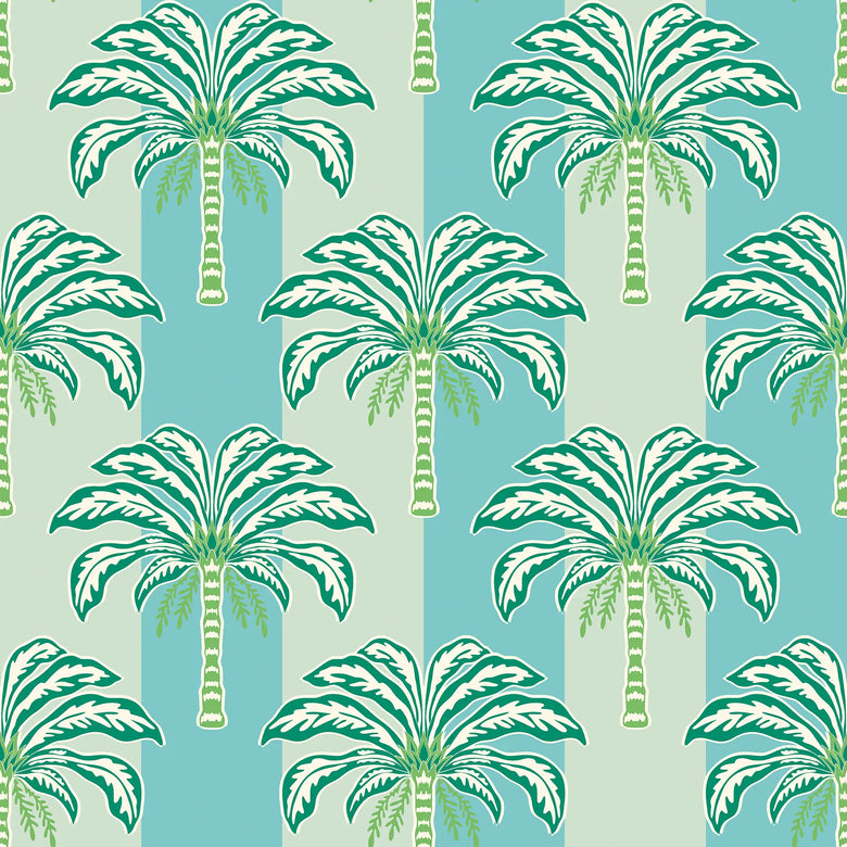 The Palms and Stripes Wallpaper in Turquoise and Green